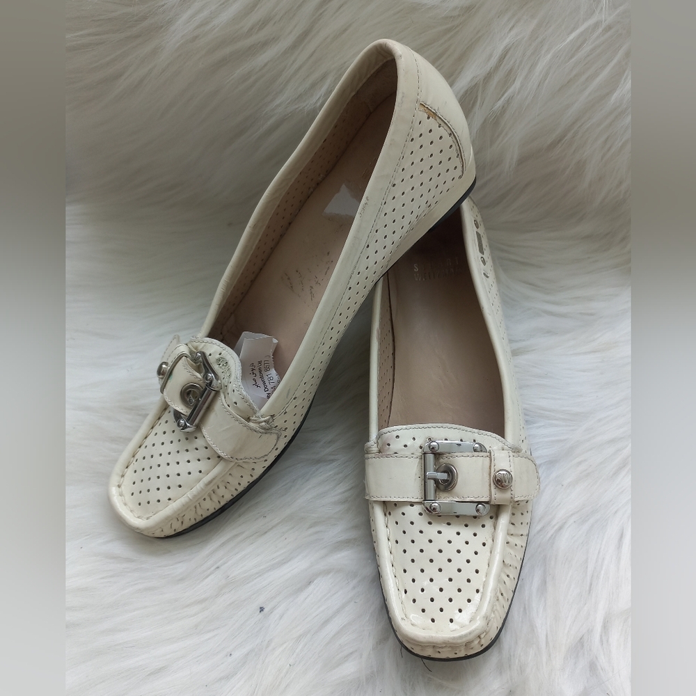 Stuart Weitzman Women's Cream Loafer with Silver Buckle - Picture 3 of 15